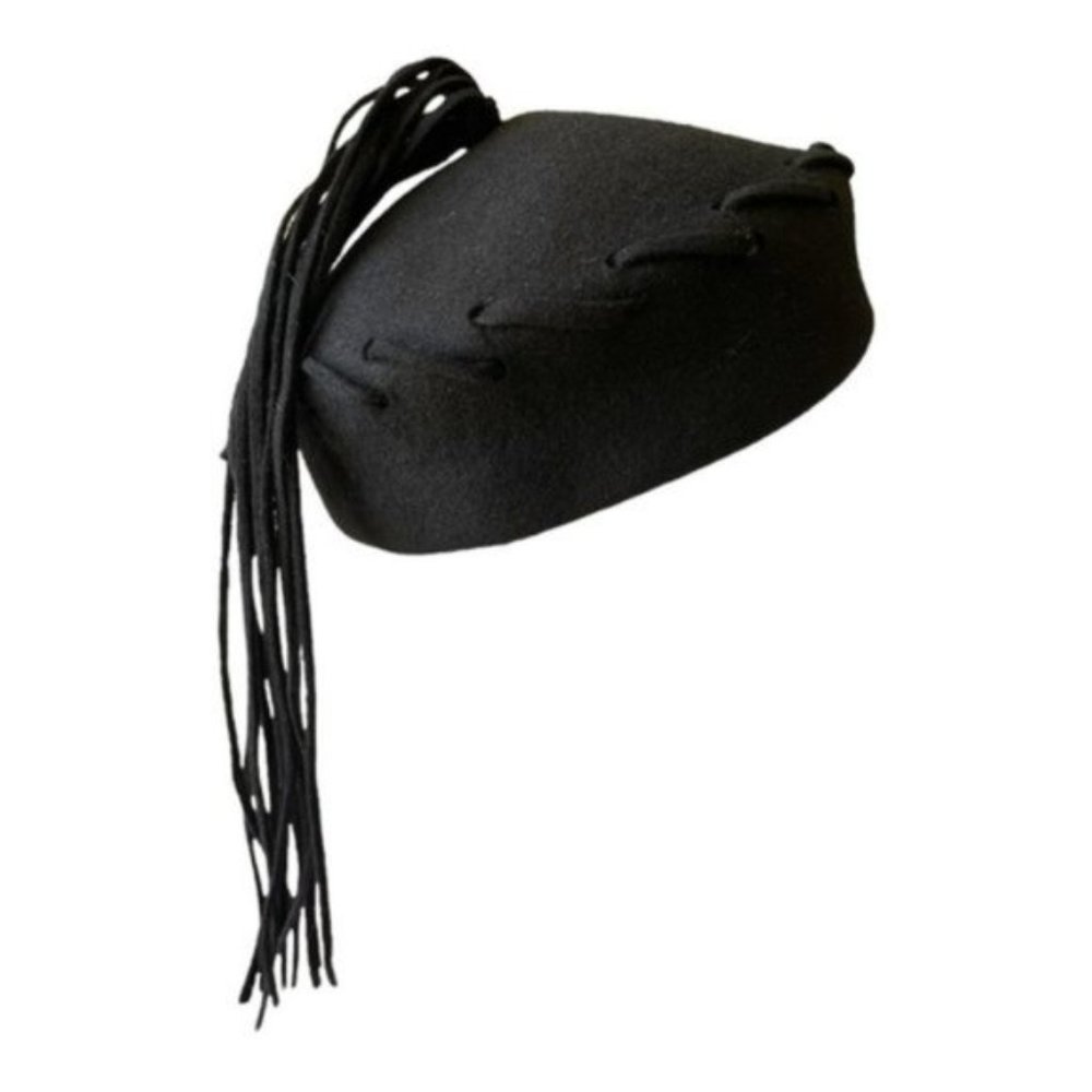 Vintage Black Felt Cap with Long Felt Ribbons Strands